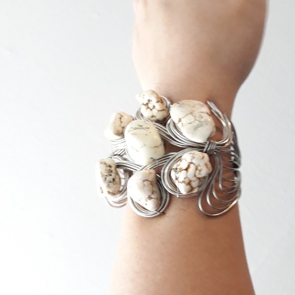 Multiwire wrapped stone cuff bracelet